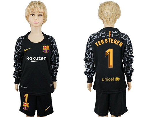 Barcelona #1 Ter Stegen Black Goalkeeper Long Sleeves Kid Soccer Club Jersey - Click Image to Close